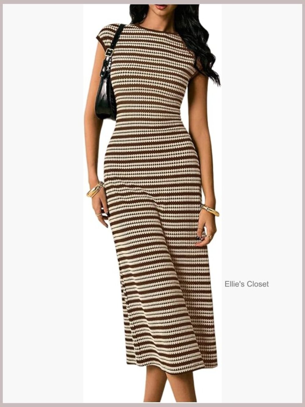 Striped Midi Bodycon Dress Crew Neck Cap Sleeve Knit Work Dress
